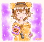  1girl animal_ears artist_name bare_shoulders brown_hair burafu candy closed_eyes commentary dated facing_viewer fake_animal_ears food freckles girls_und_panzer halloween halloween_costume holding holding_food jack-o&#039;-lantern lion_ears lollipop long_sleeves notice_lines off-shoulder_sweater off_shoulder open_mouth orange_sweater short_hair smile solo star star_print sweater tsuchiya_(girls_und_panzer) upper_body 