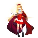  1girl bangs biretta black_footwear blonde_hair blue_eyes blunt_bangs blush book boots cape cardinal_armand dress full_body hat highres last_origin long_hair looking_at_viewer red_dress sidelocks socks solo tachi-e transparent_background very_long_hair white_legwear 