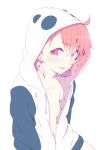  1girl breasts collarbone commentary_request earrings eyebrows_visible_through_hair hair_ornament hairclip highres hood hoodie jewelry looking_at_viewer naked_hoodie navel nijisanji nirap orange_hair red_eyes sasaki_saku simple_background small_breasts solo virtual_youtuber 