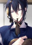  1boy bangs black_gloves black_hair blue_eyes blurry blurry_background blurry_foreground depth_of_field eyebrows_visible_through_hair glove_in_mouth gloves hair_between_eyes hair_ornament head_tilt japanese_clothes kariginu looking_at_viewer male_focus mikazuki_munechika mochizuki_shiina mouth_hold parted_lips sayagata solo touken_ranbu upper_body v-shaped_eyebrows 