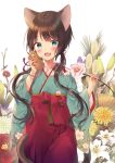  1girl :d animal animal_ears aqua_eyes aqua_kimono bamboo bangs cat_ears cat_girl cat_tail commentary cowboy_shot eyebrows_visible_through_hair fang floral_background flower hair_ribbon hakama holding holding_animal holding_flower japanese_clothes kimono long_sleeves looking_at_viewer midorikawa_you mouse open_mouth original pink_flower red_hakama red_ribbon revision ribbon shirt skin_fang smile solo tail tassel twintails white_background white_flower wide_sleeves yellow_shirt 