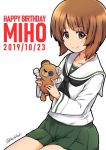  1girl bandages bangs black_neckwear blouse boko_(girls_und_panzer) brown_eyes brown_hair buchikaki character_name closed_mouth commentary dated english_text eyebrows_visible_through_hair girls_und_panzer green_skirt happy_birthday holding holding_stuffed_animal long_sleeves looking_at_viewer miniskirt motion_lines neckerchief nishizumi_miho ooarai_school_uniform pleated_skirt school_uniform serafuku short_hair simple_background sitting skirt smile solo stuffed_animal stuffed_toy teddy_bear twitter_username white_background white_blouse 