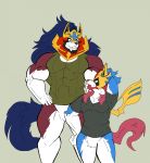  anthro bottomless clothed clothing eyes_closed grey_background hand_behind_head legendary_pok&eacute;mon looking_at_another male mc_morrales muscular nintendo pok&eacute;mon pok&eacute;mon_(species) simple_background size_difference smile video_games zacian zamazenta 