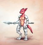  2020 anthro breasts clothed clothing cybernetics cyborg digital_media_(artwork) draconic dungeons_and_dragons electric female genitals javelin kobold lizard machine melee_weapon model_sheet nude polearm pussy reptile robotic scalie solo spear standing topless twymouse warforged weapon 