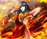  1girl armpits bangs blue_eyes blue_hair bracelet capelet cloud cloudy_sky commentary_request delsaber eyelashes feet_out_of_frame fire fire_emblem fire_emblem:_the_binding_blade hair_blowing jewelry lilina_(fire_emblem) long_hair looking_at_viewer magic magic_circle open_mouth outstretched_arm red_headwear red_shirt shiny shiny_hair shirt short_sleeves sidelocks skirt sky sleeveless sleeveless_shirt solo vambraces white_skirt 