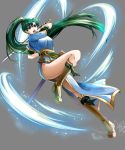  1girl arm_up asymmetrical_bangs attack bangs blue_dress boots breasts brown_footwear commentary_request delsaber dress eyelashes fingerless_gloves fire_emblem fire_emblem:_the_blazing_blade gloves glowing gold_trim green_eyes green_hair grey_background hair_between_eyes hair_ornament high_ponytail highleg highres holding holding_sword holding_weapon jewelry katana knee_boots leaning_back leg_up long_hair looking_at_viewer lyn_(fire_emblem) medium_breasts motion_lines open_mouth sash sheath shiny shiny_hair short_sleeves simple_background solo sparkle sword thighs undershirt weapon 