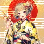  1girl :d ahoge arrow bangs bell blue_bow blush bow commentary_request double_bun earrings floral_print flower flower_earrings grey_hair hair_bow hair_flower hair_ornament hair_stick hamaya happy_new_year japanese_clothes jewelry jingle_bell kanzashi kimono long_sleeves looking_at_viewer nail_polish new_year obi open_mouth original purple_eyes red_bow red_nails red_sun sash shinotarou_(nagunaguex) smile solo upper_body white_flower wide_sleeves yellow_bow yellow_kimono 