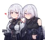  2girls :d ak-15_(girls_frontline) aningay bangs black_gloves black_ribbon black_shirt blush braid breasts character_name closed_mouth commentary elbow_gloves eyebrows_visible_through_hair girls_frontline gloves hair_over_one_eye hair_ribbon heart jacket large_breasts long_hair multiple_girls navel open_mouth purple_eyes ribbon rpk-16_(girls_frontline) scratching_chin shirt short_hair short_sleeves silver_hair simple_background sleeveless sleeveless_shirt smile very_long_hair white_background white_jacket wide_sleeves 