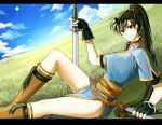  1girl arm_support asymmetrical_bangs bangs black_gloves blue_dress blue_sky boots breasts cloud cloudy_sky commentary_request day delsaber dress dutch_angle earrings eyelashes fingerless_gloves fire_emblem fire_emblem:_the_blazing_blade gloves gold_trim grass grasslands green_eyes green_hair hair_ornament high_ponytail highleg holding holding_sword holding_weapon horse jewelry katana knee_boots knee_up leaning_back long_hair looking_at_viewer lying lyn_(fire_emblem) medium_breasts on_back ponytail shadow sheath shiny shiny_hair short_sleeves sitting sky solo sword thighs undershirt wagon weapon 