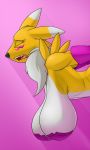 anthro big_breasts black_nose breasts clothing creatiffy digimon digimon_(species) eyes_closed fangs female fur gloves handwear hanging_breasts huge_breasts invalid_color invalid_tag looking_pleasured neck_floof pasties renamon simple_background solo teeth tongue white_body white_fur 