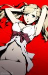 1girl absurdres arms_behind_head arms_up blonde_hair blue_eyes breasts catherine_(game) cleavage cosplay covered_nipples highres kuno_(runkunochan) long_hair looking_at_viewer lying md5_mismatch medium_breasts nipples on_back persona persona_5 solo takamaki_anne twintails 
