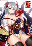  1girl alcohol azur_lane bangs bare_shoulders black_legwear black_panties blush breasts cleavage closed_mouth collarbone cross_choker cup cyicheng grey_hair hair_ornament japanese_clothes kimono large_breasts licking_lips long_hair long_sleeves looking_at_viewer mole mole_on_breast multicolored multicolored_clothes multicolored_hair multicolored_kimono obi orange_eyes panties pouring prinz_eugen_(azur_lane) prinz_eugen_(dance_of_a_hundred_flowers)_(azur_lane) rigging sakazuki sake sash sideboob simple_background smile solo streaked_hair swept_bangs thighhighs thighs tongue tongue_out two_side_up underwear white_background wide_sleeves 