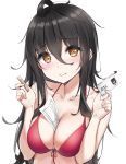  1girl ahoge bare_arms bare_shoulders between_breasts bikini black_hair breasts brown_eyes cleavage collarbone front-tie_bikini front-tie_top hair_between_eyes hands_up highres holding large_breasts long_hair looking_at_viewer original red_bikini revision simple_background smile solo swimsuit wet.elephant white_background 