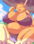  2019 anthro beach beverage big_breasts bikini bodily_fluids breasts cleavage clothed clothing cocolog curvy_figure day domestic_cat felid feline felis female fur huge_breasts kemono kyoko_(cocolog) looking_at_viewer mammal navel open_mouth outside overweight overweight_female seaside sitting solo sweat swimwear tan_body tan_fur thick_thighs tongue voluptuous 