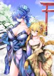  2girls absurdres antenna_hair arm_hug bangs blonde_hair blue_eyes blue_flower blue_hair blue_kimono blue_rose blue_sky blue_sleeves blush breasts cleavage cloud collarbone commentary_request cowboy_shot detached_sleeves dragon_girl dragon_tail eyebrows_visible_through_hair eyepatch floral_print flower g_(desukingu) green_eyes hair_between_eyes hair_bun hair_flower hair_ornament highres holding holding_sword holding_weapon huge_breasts japanese_clothes kimono leaning_forward long_hair looking_at_viewer monster_girl multiple_girls obi off-shoulder_kimono original pointy_ears print_kimono rock rose sash scar scar_across_eye sheath sheathed side_cutout sky snow snowing sword tail thighs tied_hair torii tree weapon yellow_kimono yellow_sleeves 