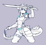  5_fingers anthro aquatic_dragon armband armor blonde_hair dragon fin fingers futuristic hair kanookies ladon_(character) male marine melee_weapon scalie sword tailband weapon 