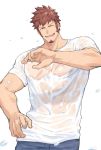  1boy 47_(479992103) beard blue_eyes brown_hair chest denim facial_hair fate/grand_order fate_(series) jeans looking_at_viewer male_focus muscle open_mouth pants pectorals scar smile solo upper_body wet wet_clothes wet_hair 