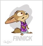  2013 absurd_res anthro barefoot black_nose border bottomwear byron_howard canid canine clothing concept_art disney fennec finnick fox fur grey_border hi_res mammal official_art open_mouth pants shirt simple_background solo standing tan_body tan_fur topwear zootopia 