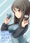  1girl ;) aki_(girls_und_panzer) blue_background blue_jacket brown_eyes brown_hair bt-42 buchikaki character_doll character_name closed_mouth commentary dated dessert diagonal-striped_background diagonal_stripes emblem english_text food food_on_head girls_und_panzer ground_vehicle happy_birthday holding holding_food jacket keizoku_(emblem) keizoku_military_uniform long_hair long_sleeves looking_at_viewer mika_(girls_und_panzer) mikko_(girls_und_panzer) military military_uniform military_vehicle model_tank motor_vehicle object_on_head one_eye_closed outline raglan_sleeves smile solo striped striped_background tank track_jacket twitter_username uniform white_outline zipper 