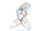  aqua_eyes blonde_hair bodysuit breasts elsa_(frozen) frozen_(disney) garter_belt logo long_hair navel nipples pussy stockings tofuubear uncensored watermark white 