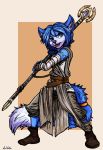  2016 anthro black_nose blue_hair boots canid canine clothing cosplay female fingerless_gloves footwear fox fur gloves hair handwear hi_res krystal mammal markings nintendo rey_(star_wars) short_hair signature solo staff star_fox star_wars tailband thelivingshadow video_games weapon 