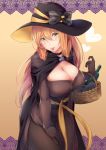  1girl basket bit_(keikou_syrup) breasts cape cleavage elbow_gloves girls_frontline gloves green_eyes hat highres large_breasts long_hair looking_at_viewer m1903_springfield_(girls_frontline) orange_hair solo thighhighs tongue tongue_out witch_hat 