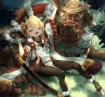  animal_ears arm_up bangs black_legwear blonde_hair bow breasts brown_eyes commentary day dog dog_ears eyebrows_visible_through_hair fangs flower furisode fuyu_no_kareha granblue_fantasy grass hair_flower hair_ornament japanese_clothes katana kimono light_particles looking_at_viewer medium_hair one_eye_closed open_mouth outdoors outstretched_arm pantyhose petite puppy red_bow rope shimenawa short_eyebrows sitting sleeping small_breasts stretch sword tree tree_branch tree_shade vajra_(granblue_fantasy) weapon yawning 