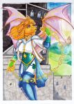  2020 amber_wind amber_wind(character) anthro bird_dog breasts canid canine canis clothed clothing detailed_background domestic_dog ear_piercing ear_ring fantasy female flying golden_retriever hunting_dog magic_user mammal paladin piercing pink_nose purple_eyes retriever shoulder_guards small_breasts smile solo sunset traditional_media_(artwork) wings 