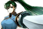  1girl asymmetrical_bangs bangs black_undershirt blue_shirt breasts closed_mouth commentary_request delsaber earrings eyebrows_visible_through_hair eyelashes fire_emblem fire_emblem:_the_blazing_blade green_eyes green_hair hair_blowing hair_ornament high_ponytail holding holding_sword holding_weapon jewelry katana long_hair looking_at_viewer lyn_(fire_emblem) medium_breasts pointing pointing_at_viewer pointing_sword pointing_weapon ponytail shiny shiny_hair shirt simple_background solo sword undershirt upper_body weapon white_background 