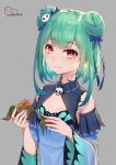  1girl 5555_96 artist_name detached_sleeves double_bun eating flat_chest food gothic_lolita green_hair grey_background hair_ornament highres hololive lolita_fashion short_hair simple_background skull solo uruha_rushia virtual_youtuber yellow_eyes 