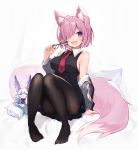  1girl animal_ear_fluff animal_ears bare_shoulders black_dress black_legwear blush bob_cut breasts collared_dress commentary_request dress eyebrows_visible_through_hair eyewear_removed fang fate/grand_order fate_(series) fluffy fou_(fate/grand_order) fox_ears fox_tail grey_sweater hair_over_one_eye highres holding holding_eyewear kemonomimi_mode looking_at_viewer mash_kyrielight medium_breasts muryotaro necktie no_shoes off-shoulder_sweater off_shoulder on_bed open_mouth pantyhose pillow pink_hair purple_eyes red_neckwear short_hair sideboob smile solo sweater tail thighband_pantyhose thighs 