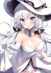  1girl absurdres artist_name azur_lane bangs bare_shoulders blue_eyes blush breasts brooch cleavage commentary_request cowboy_shot detached_collar dress elbow_gloves eyebrows_visible_through_hair gloves heart highres illustrious_(azur_lane) jewelry large_breasts long_hair looking_at_viewer nenobi_(nenorium) partial_commentary signature silver_hair simple_background skirt_hold smile solo standing strapless strapless_dress translated white_background white_dress white_gloves white_headwear 