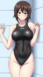  1girl arena_(company) bangs black_swimsuit brand_name_imitation brown_eyes brown_hair commentary_request competition_swimsuit girls_und_panzer highleg highleg_swimsuit highres looking_at_viewer muchabou nishizumi_maho one-piece_swimsuit short_hair solo striped striped_swimsuit swimsuit thigh_gap 
