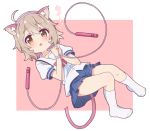  1girl :o ahoge animal_ear_fluff animal_ears bangs blue_skirt blush bound bound_wrists brown_eyes cat_ears cat_girl cat_tail eyebrows_visible_through_hair fake_animal_ears full_body hair_between_eyes hairband hands_up jigatei_(omijin) jump_rope kneehighs konomori_kanon light_brown_hair no_shoes parted_lips pink_background pleated_skirt puffy_short_sleeves puffy_sleeves purple_hairband sailor_collar school_uniform serafuku shirt short_sleeves skirt solo tail translation_request two-tone_background watashi_ni_tenshi_ga_maiorita! white_background white_legwear white_sailor_collar white_shirt 