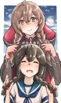 2girls black_capelet black_hair blue_sailor_collar blue_sky braid brown_eyes brown_hair capelet closed_eyes cloud commentary_request highres hood hooded_capelet isonami_(kantai_collection) kantai_collection long_hair multiple_girls owada_(kousonhuchi) red_ribbon ribbon romaji_text sailor_collar school_uniform serafuku shinshuu_maru_(kantai_collection) sidelocks sky smile translation_request twin_braids upper_body 