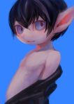  ambiguous_gender anthro black_hair blue_background blue_eyes commentary cub hair hairless hi_res mammal off_shoulder rady-wolf short_hair simple_background unknown_species young 