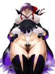  absurdres bangs bb_(fate)_(all) bb_(fate/extra_ccc) blush boots breasts cleft_of_venus fate/extra fate/extra_ccc fate_(series) from_below gloves grin groin hair_ribbon hero_neisan highres lifted_by_self long_hair looking_at_viewer pubic_hair purple_eyes purple_hair pussy_juice red_ribbon ribbon simple_background smile thigh_boots thighhighs very_long_hair wedgie white_background white_gloves 
