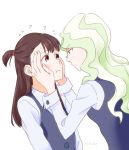  2girls ? blonde_hair blue_eyes blush brown_hair couple diana_cavendish eye_contact hand_on_another&#039;s_cheek hand_on_another&#039;s_face kagari_atsuko little_witch_academia long_hair looking_at_another mitsuko_(4afe6300) multicolored_hair multiple_girls open_mouth red_eyes school_uniform simple_background two-tone_hair uniform wavy_hair white_background yuri 