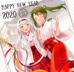  2020 2girls :d alternate_costume anbutter_siruko bell blush green_eyes green_hair hair_ribbon hakama happy_new_year headband holding holding_paper japanese_clothes jingle_bell kagura_suzu kantai_collection long_hair miko multiple_girls new_year omikuji one_eye_closed open_mouth paper red_hakama red_headband ribbon ribbon-trimmed_sleeves ribbon_trim shoukaku_(kantai_collection) smile twintails v white_hair white_ribbon wide_sleeves yellow_eyes zuikaku_(kantai_collection) 