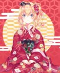  1girl absurdres bangs blonde_hair blush crown eyebrows_visible_through_hair floral_print hair_ornament hair_up hairband hands_on_lap highres japanese_clothes kantai_collection kimono long_hair long_sleeves mini_crown multicolored multicolored_eyes obi ponytail red_background sa-ya2 sash side_ponytail sidelocks smile solo warspite_(kantai_collection) wide_sleeves 