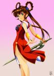  1girl 2019 bangs brown_hair closed_mouth dated dress floating_hair from_side gradient gradient_background green_eyes holding holding_sword holding_weapon long_hair looking_at_viewer mamono_hunter_youko mano_youko outstretched_hand pink_background red_dress shiny shiny_hair side_slit signature sleeveless sleeveless_dress smile solo standing sword tied_hair tomo5656ky very_long_hair weapon white_background 