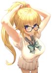  1girl arms_up black-framed_eyewear black_sailor_collar blonde_hair blue_eyes bow bowtie breasts closed_mouth commentary_request fate/grand_order fate_(series) glasses green_neckwear high_ponytail jeanne_d&#039;arc_(fate) jeanne_d&#039;arc_(fate)_(all) large_breasts long_hair looking_at_viewer plaid_neckwear pleated_skirt ponytail rosuuri sailor_collar school_uniform serafuku shirt short_sleeves sidelocks simple_background skirt solo twitter_username tying_hair very_long_hair white_background white_shirt white_skirt 
