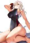  1girl alisa_ilinichina_amiella arm_behind_head bangs banned_artist bare_shoulders black_swimsuit blue_eyes blush breasts covered_navel cuffs god_eater god_eater_2:_rage_burst hair_between_eyes highres large_breasts lolicept long_hair looking_at_viewer one-piece_swimsuit open_mouth parted_lips sideboob silver_hair simple_background sitting solo swimsuit thighs wariza white_background 