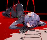  1girl ayanami_rei black_bodysuit blood blue_hair bodysuit cassette_player earphones evangelion:_3.0_you_can_(not)_redo grandialee hair_ornament head_on_hand highres lying neon_genesis_evangelion on_stomach plugsuit rebuild_of_evangelion red_eyes short_hair solo tagme tiles 