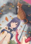  1girl autumn_leaves bangs blush cat cloud cloudy_sky feet_out_of_frame holding holding_umbrella leaf long_hair looking_at_another nagisa3710 open_mouth original outdoors pov puddle purple_eyes purple_hair rain reflection reflective_water school_uniform sitting sky smile solo squatting tree umbrella water 