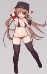  1girl alternate_costume bikini black_bow black_headwear blush boots bow breasts brown_eyes brown_hair eyebrows_visible_through_hair full_body grey_background hair_between_eyes hair_bow hair_ornament hairclip hat highres kantai_collection long_hair low_twintails micro_bikini navel one_eye_closed open_mouth papakha rose_neru simple_background small_breasts smile star swimsuit tashkent_(kantai_collection) thigh_boots thighhighs twintails 