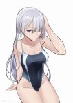  1girl ak-15_(girls_frontline) bangs braid competition_swimsuit cowboy_shot girls_frontline grey_swimsuit hair_over_one_eye highleg highleg_swimsuit invisible_chair long_hair looking_at_viewer one-piece_swimsuit purple_eyes silver_hair simple_background sitting solo swimsuit tokyoha1 white_background 