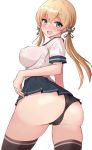  1girl alternate_costume anchor_hair_ornament aqua_eyes ass bangs black_legwear black_panties blonde_hair blush breasts check_commentary commentary commentary_request covered_nipples eyebrows_visible_through_hair eyelashes from_behind hair_between_eyes hair_ornament hair_ribbon highres kantai_collection kihou_no_gotoku_dmc large_breasts low_twintails naughty_face open_mouth panties pleated_skirt prinz_eugen_(kantai_collection) ribbon sailor_collar school_uniform serafuku short_hair short_sleeves simple_background skirt solo thighhighs twintails underwear white_background 