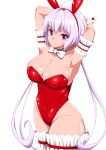  1girl absurdres ahoge animal_ears armpits arms_up blush bow bowtie breasts bunny_ears bunny_girl bunny_tail bunnysuit covered_navel detached_collar highres large_breasts lavender_hair leotard long_hair looking_at_viewer low_twintails purple_eyes red_leotard scrunchie senki_zesshou_symphogear shiny shiny_hair shiny_skin simple_background solo standing strapless strapless_leotard tail tonbury twintails white_background wrist_cuffs yukine_chris 