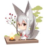  1girl animal_ear_fluff animal_ears bangs barefoot branch campfire chibi closed_mouth commentary_request dango eyebrows_visible_through_hair fire food fox_ears fox_girl fox_tail grey_hair hair_between_eyes holding holding_branch japanese_clothes kimono long_hair long_sleeves original patches ponytail red_eyes sanshoku_dango smile solo standing tail very_long_hair wagashi white_kimono wide_sleeves yuuji_(yukimimi) 